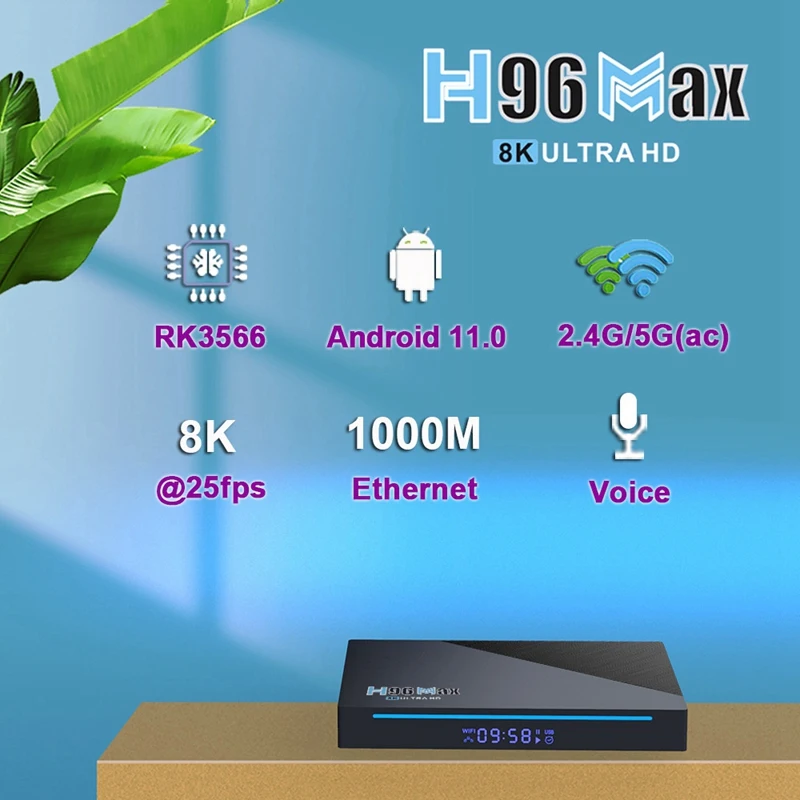 H96 MAX 2, 4G + 5G Wi-Fi BT4.0 USB3 1000M 8K Google Voice Youtube   ,  Rockchip Android 11 Smart TV Box Rk3566