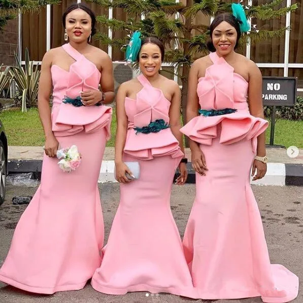 

Pink Mermaid One-shoulder Bridesmaid Dresses 2020 Plus Size Africa Nigerian Peplum Stain Maid of Honor Wedding Guest Gowns