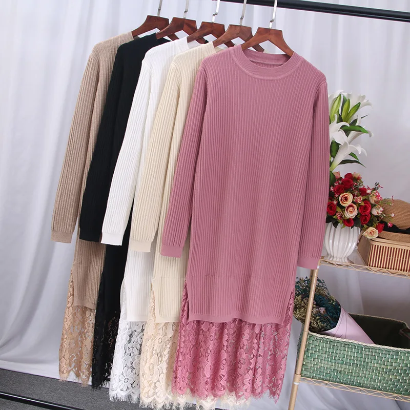 Женское прямое трикотажное платье длинное пуловер с кружевной вышивкой в