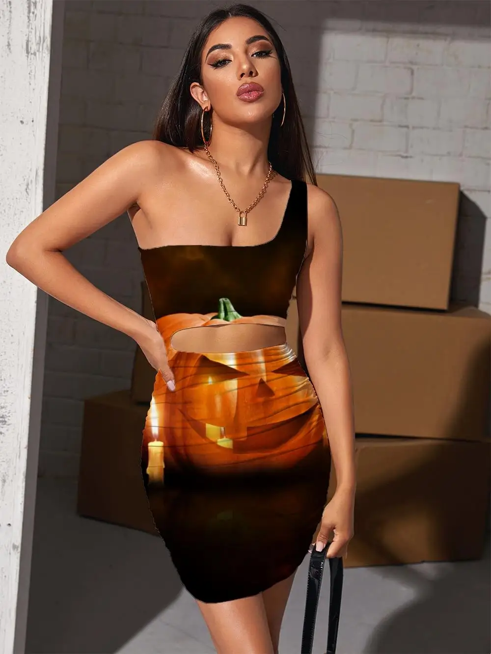 

Giyu Brand Pumpkin Dress Women Halloween 3d Print Candle Hollow out Dresses Hip Hop Bodycon Dress Womens Clothing Club New