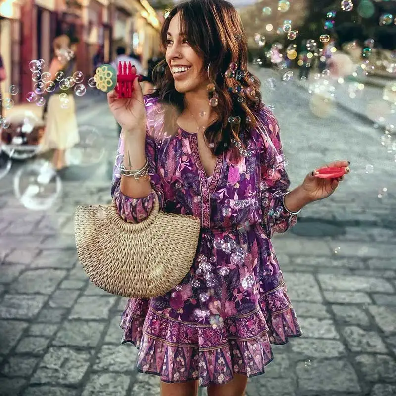 Женское платье в стиле бохо с длинным рукавом эластичное фиолетовое Цветочное