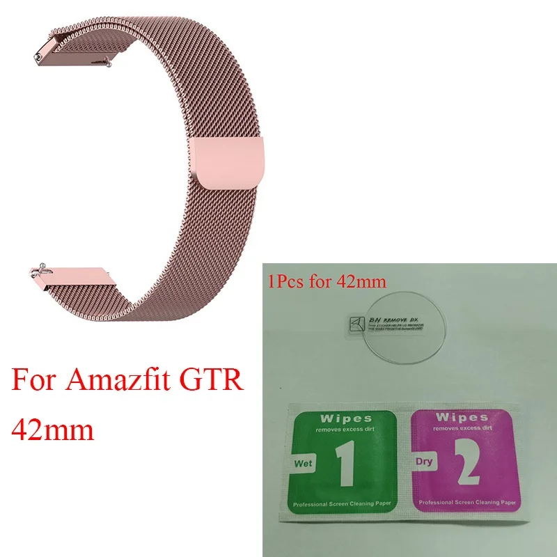 42Rose Gold Ksadkvor for Xiaomi Mijia Amazfit GTR 42 47MM Wristband Strap Wrist Metal Milanese Loop Band with Screen Glass Protector Gift - Цвет: 42Rose Gold