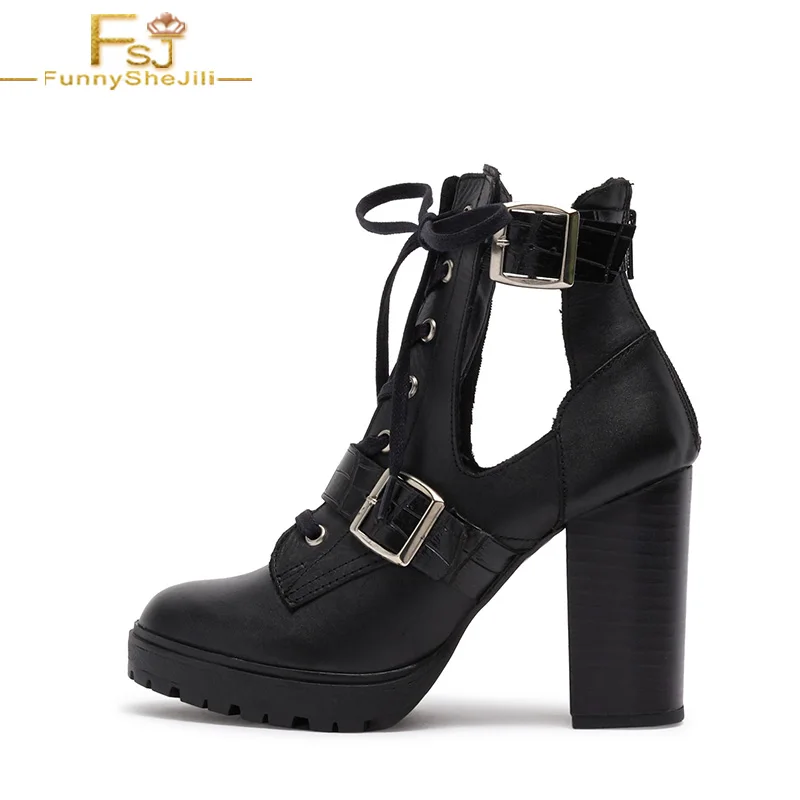 

Balck Platform Ankle Boots High Chunky Heels Round Toe Lace Up Zip Buckle Strap Booties Large Size 12 15 Ladies Mature Shoes FSJ