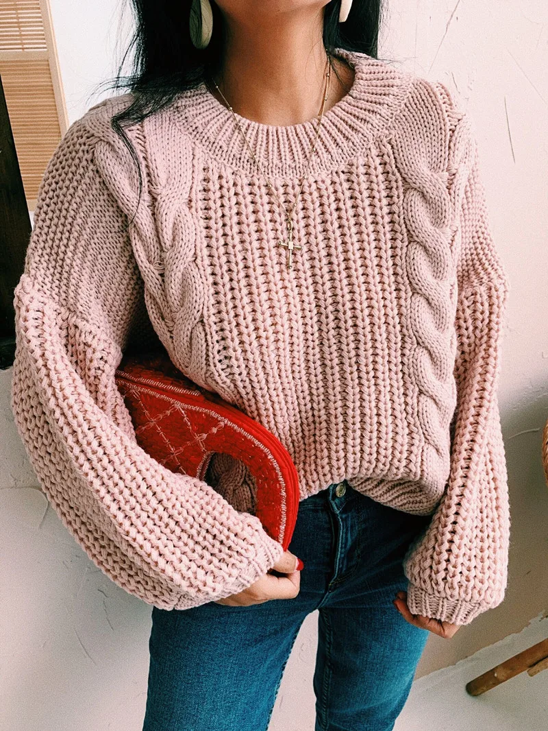 Богемный Вдохновленный розовый женский свитер с пышными рукавами вязаные