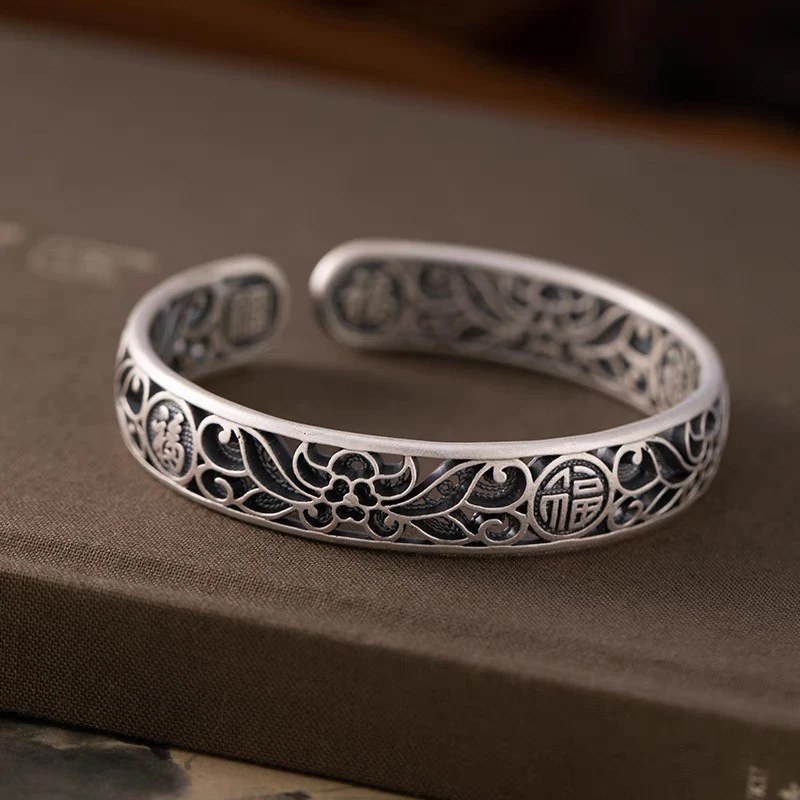

Новый Серебряный браслет в китайском стиле, ретро знак благословения, Открытый браслет в форме цветка ручной работы, ювелирные аксессуары
