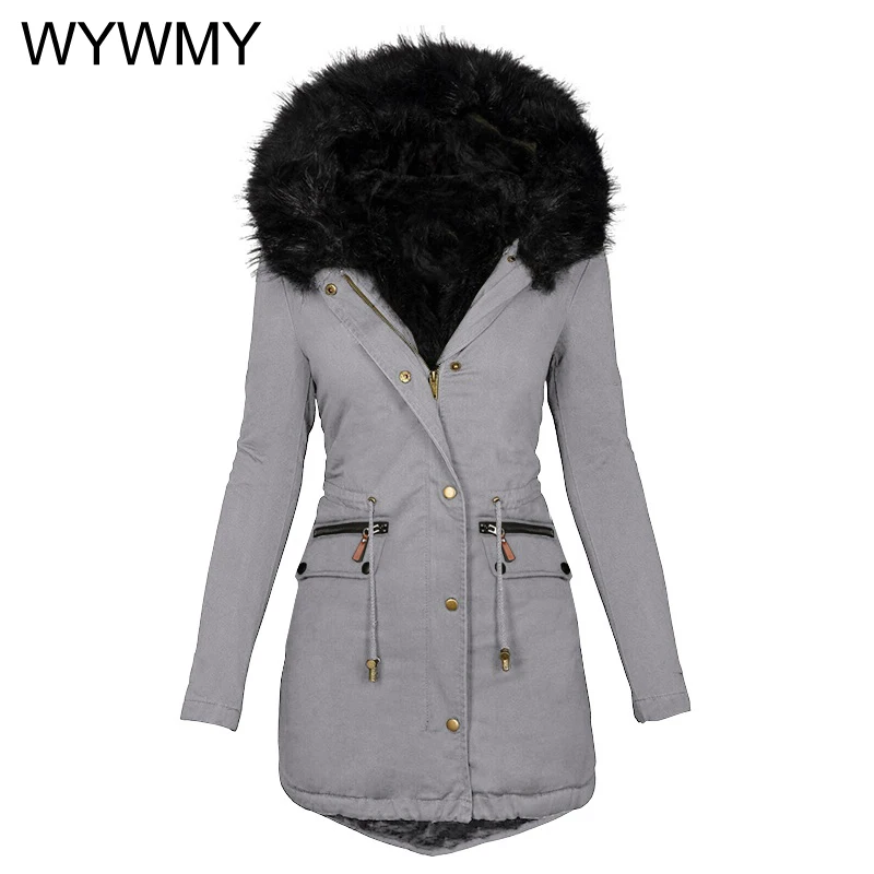 WYWMY Women Winter Jacket Wool Liner Parkas Thick Warm Mid-Long Jackets Hooded Parka Fur Inside Cotton Coat Female Plus size 5XL