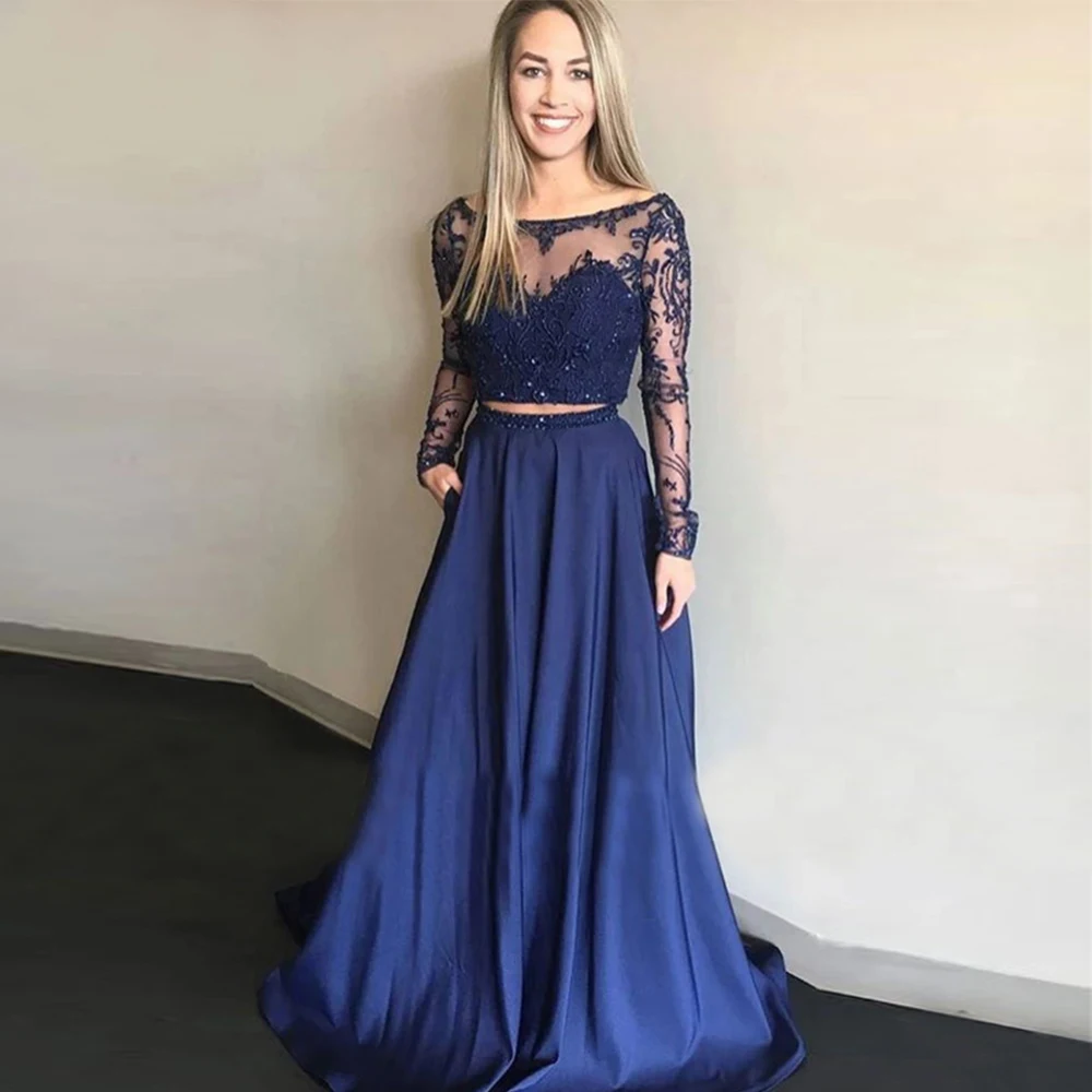

Two Pieces A Line Evening Dresses Suits Illusion Bateau Prom Party Gown Long Sleeve Satin Lace NONE Train Beaded Floor-Length