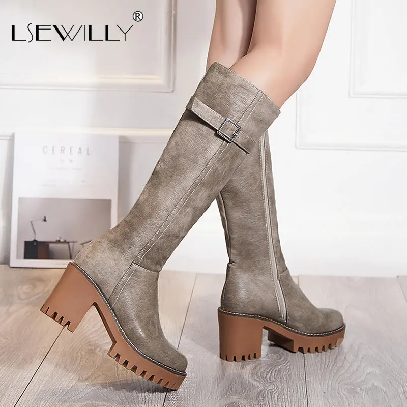 

Lsewilly 2021 New Retro women boots lace up buckle lace up knee high boots round toe platform winter boots ladies shoes size 43