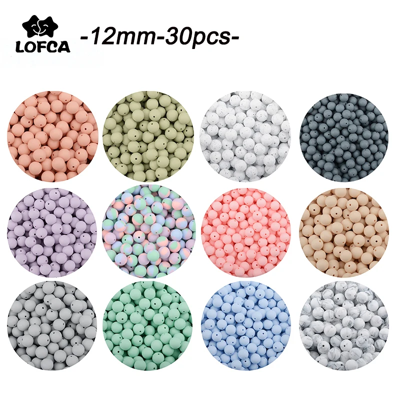 LOFCA-Cuentas redondas de silicona de 12mm para beb&eacute;, juguete de dentici&oacute;n para beb&eacute;, sin BPA, cuentas sueltas de grado alimenticio, DIY, collar de joyer&iacute;a de lactancia, 30 Uds.-0