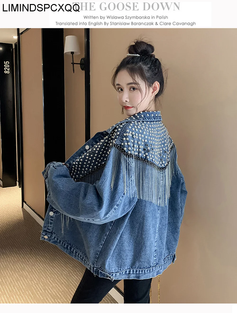 

Autumn Streetwear Denim Loose Black Blue Coats Jacket Women Hand-Studded Rivet Tassel Chain Short Jean Jacket Chaquetas Mujer
