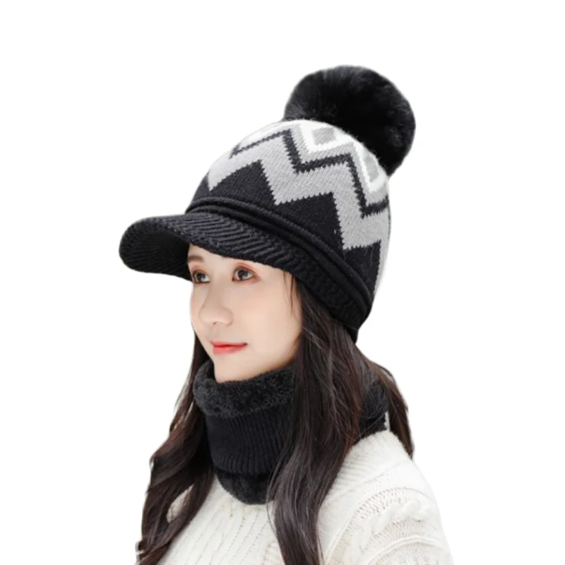 

Beanies Knitted Skullies Hats Two-piece Scarf Hat Set Women Men Hat Autumn And Winter Warm Unisex Solid Color Striped Cap