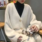 QWEEK, Элегантный женский кардиган из норкового флиса, винтажный свитер на пуговицах, корейский стиль, большие размеры, 2021, модное пальто с V-образным вырезом и длинным рукавом