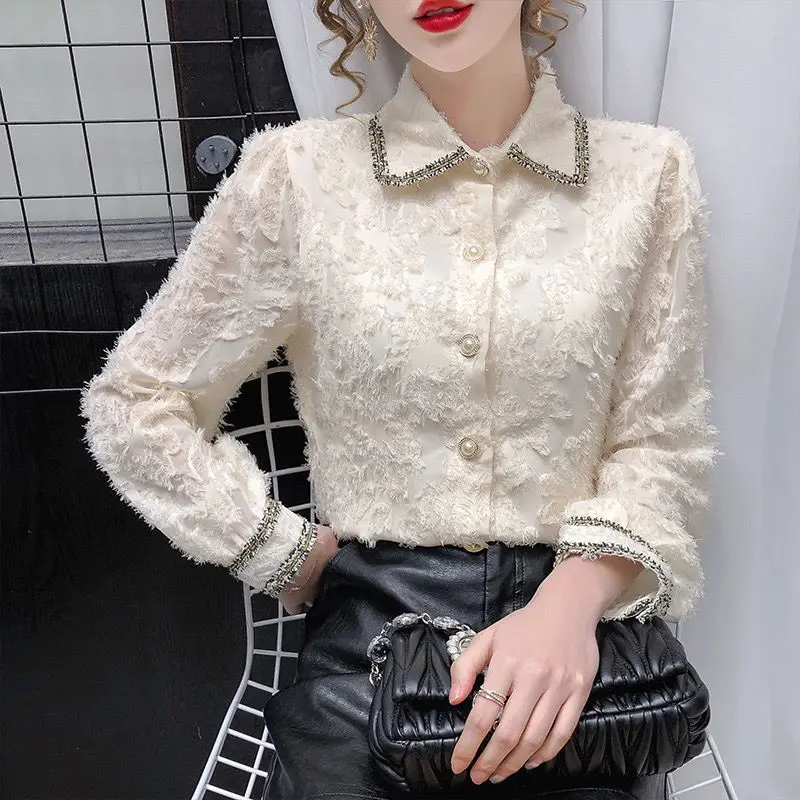 

2021 Lace Pearl Women Blouse and Shirts Slim Office Lady Apricot Shirts Fashion Thicken Fleece Warm Outwear Tops Y271