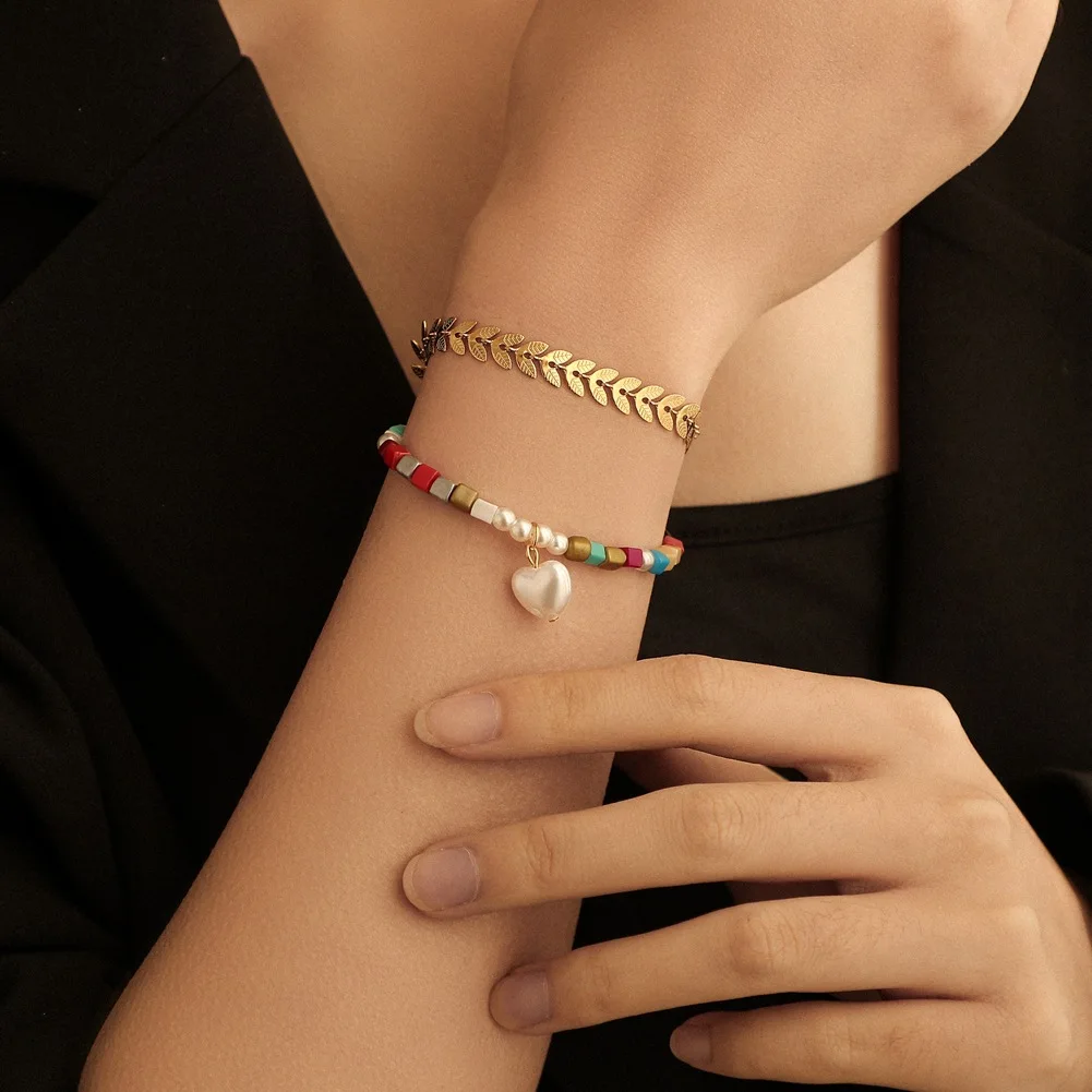 

MEYRROYU Stainless Steel Trendy 2 Layer Colorful Small Square Pearl Heart Bracelets 2021New Gift For Women Fashion Party Jewelry