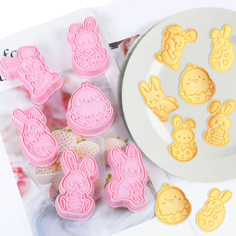 

6Pcs/set Easter Bunny Egg Cookie Cutters Plastic 3D Cartoon Pressable Biscuit Mold Cookie Stamp Kitchen Baking Pastry Tools