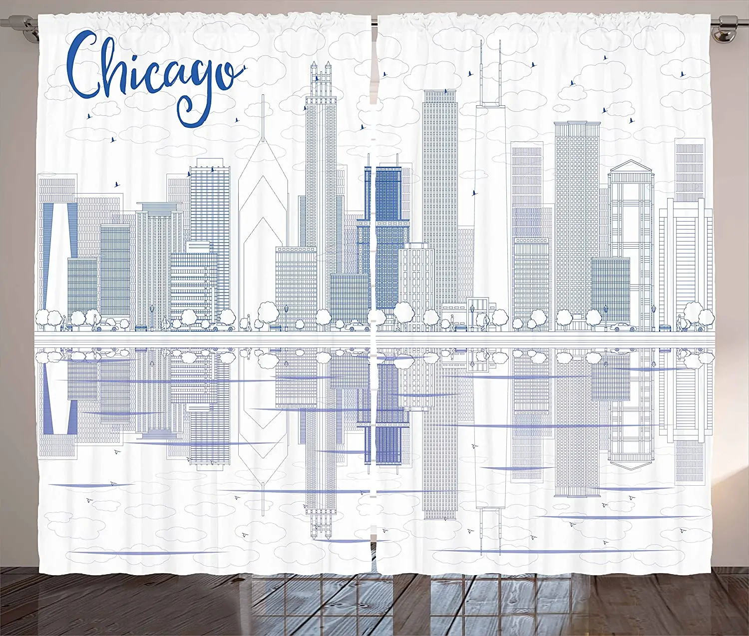 

Chicago Skyline Blackout Curtains Skyscrapers Reflection on Lake Michigan USA City Architecture Print Window Curtain