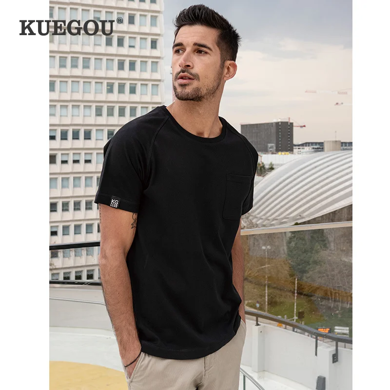 

Мужская хлопковая футболка KUEGOU, однотонная белая футболка с коротким рукавом, лето 2021, 100%