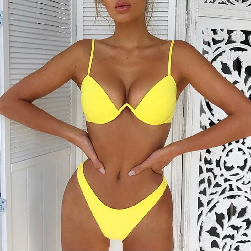 

Drop Shipping Sexy Push Up Unpadded Brazilian Bikini Set Women 4 Colors Bandage Bikini Set Swimsuit Triangle Swimwear Bathing