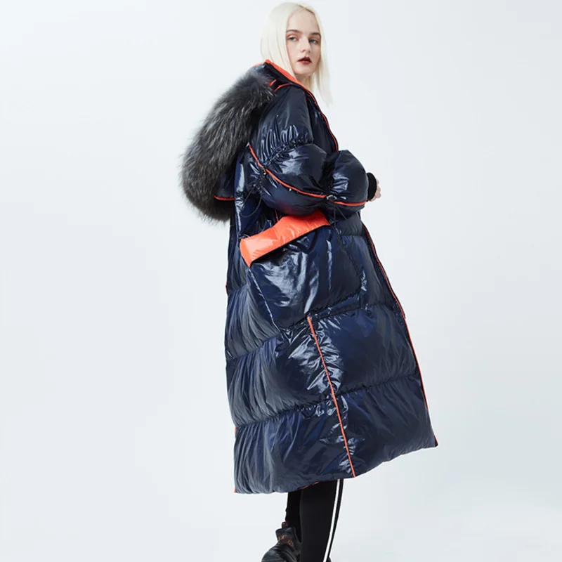 Женский длинный пуховик с капюшоном зимняя парка на 2020 натуральном меху енота