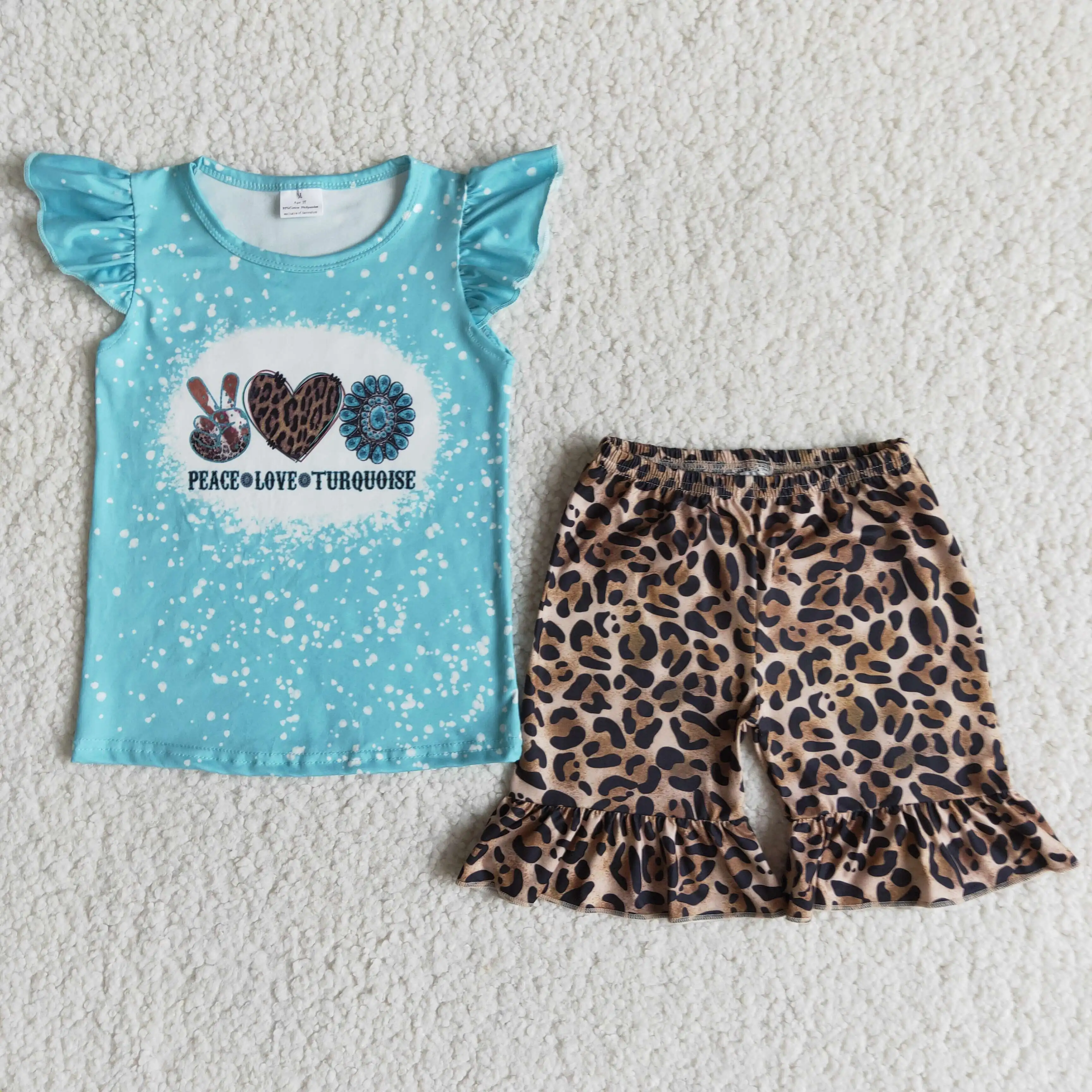 

Peace love turquoise baby girl's summer shorts sets short sleeve t shirt spring and summer children's clothing wholesale