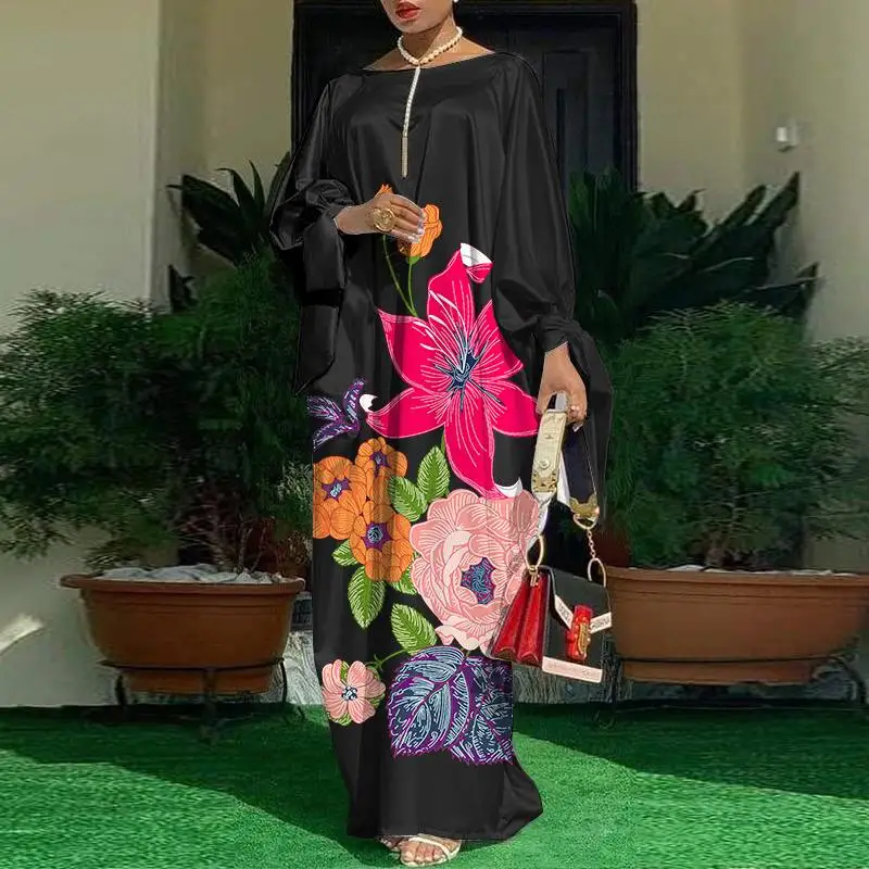 Bohemian Long Maxi Dress VONDA 2022 Women Vintage Floral Printed Party Dress Vestidos Autumn Long Sleeve Satin Slik Sundress