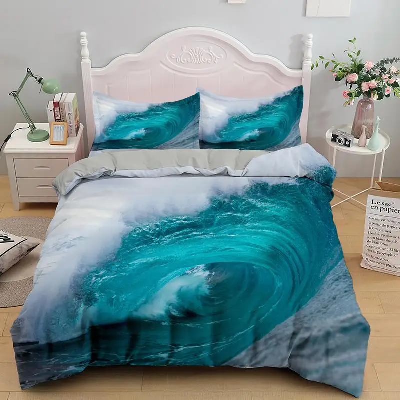 Комплект постельного белья серии Blue Sea Wave пододеяльник с принтом домашний