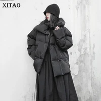 xitao black shirt parka fashion keep warm women draw string bandage loose large size women 2021 winter new all match wmd4311