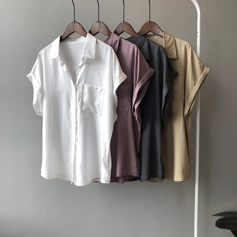 

Short Sleeve Tops Blouse Drop Shoulder White Shirt Women Leisure Chic 2020 Office Summer Korean Lapel Loose Shirts Blusas Roupa