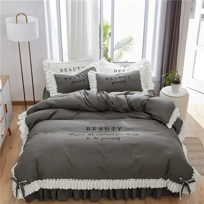 

4Pcs Ground wool cotton Big lace Princess style bedding sets queen king size duvet cover set bed skirt set pillowcase bedclothes