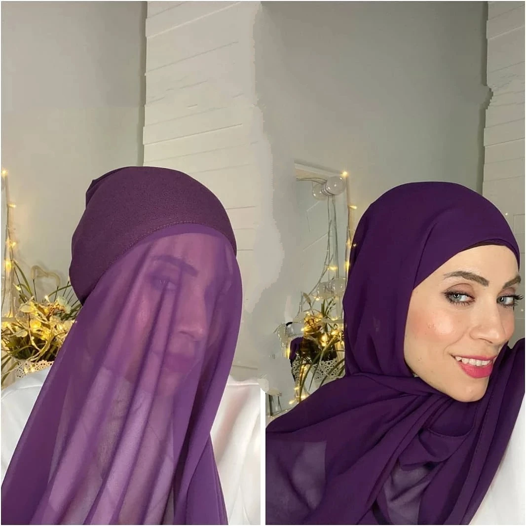 Muslim Women Bonnet with Chiffon Shawl Head Scarf Underscarf Cap Islam Inner Scarf Headband Stretch Hijab Cover Headwrap