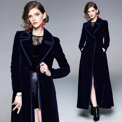 

Women's coat Winter Runway Designer Women Vintage Notched Collar Wrap Black Velvet Maxi Coat Thick Warm Long Trench Coat Outwear