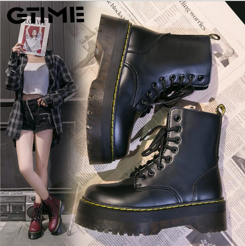 

2020 Motorcycle Women's Boots Winter Soft Leather Shoes Black Botas Wedges Female Lace Up Platforms Women White#SJPAE-607