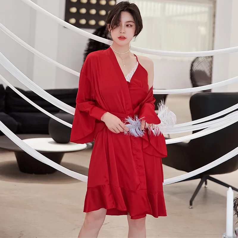 

Women Pink Satin Robe Suit Silky Kimono Gown Sexy Lace 2PCS Sleepwear Female Nighty&Robe Set Casual Bathrobe Gown Home Wear