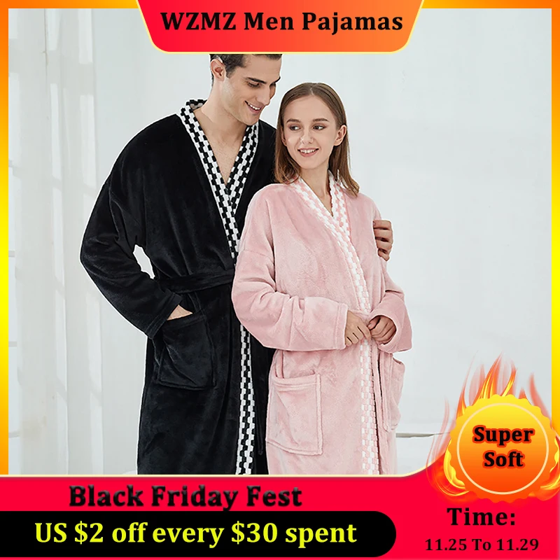 

Thicken Double Sides Flannel Bathrobe Men Couples Warm Dressing Gown Simple Patchwork Kimono Bath Robe Man Sleepwear Home Suit