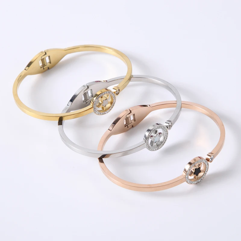 

Trendy Stainless Steel Star Bracelets Bangles For Women Female Girls CZ Crystal Rhinestone Charm Wedding Bangle Jewelry Bracelet