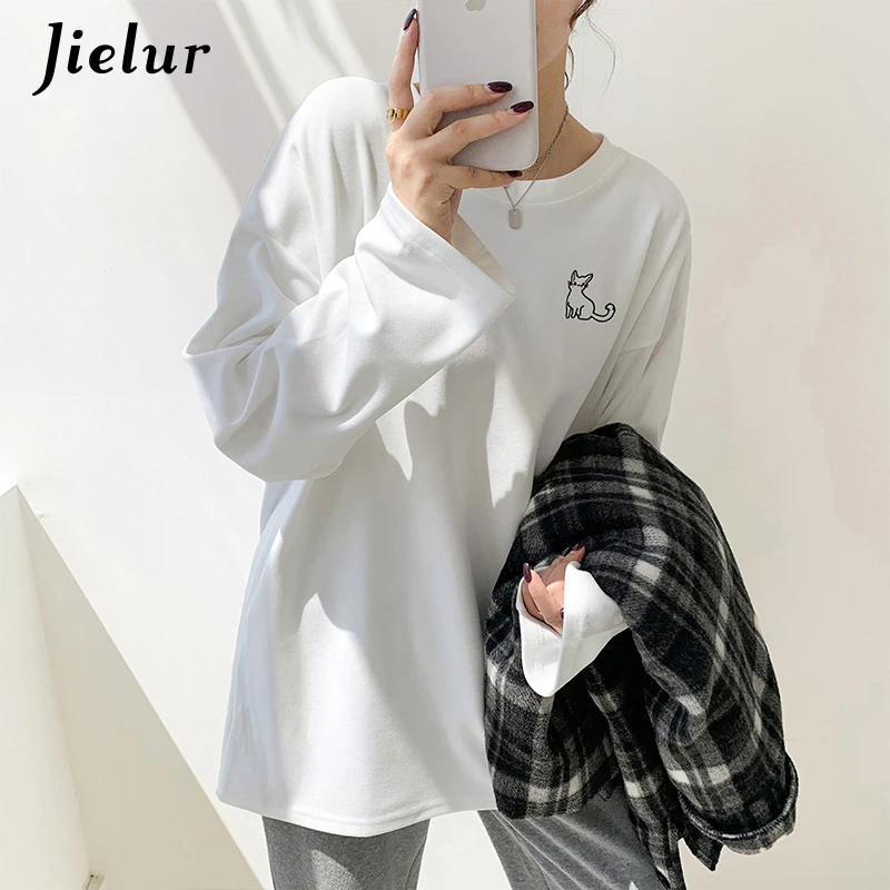 

Jielur 2021 модные повседневные милые Мультяшные футболки женские свободные топы однотонные женские белые футболки с улыбающимся лицом с длинн...