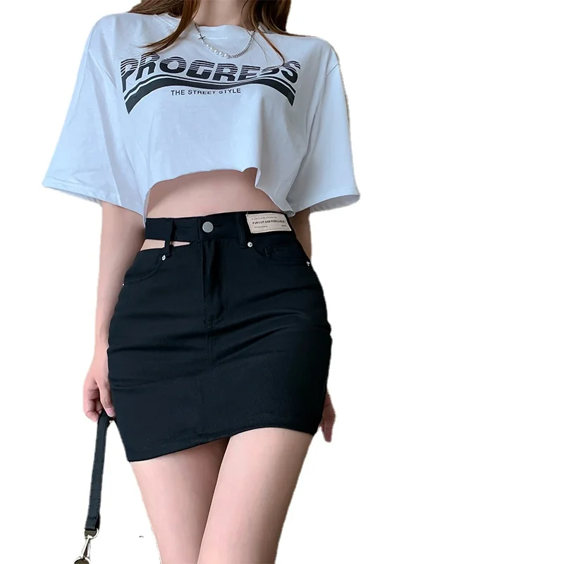

2021 Hollow washed denim skirt woman High waist asymmetric button short skirt female Fashionable streetwear summer skirts