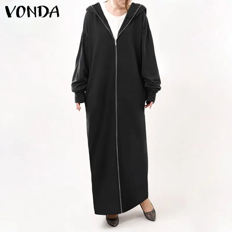 

Женское зимнее платье VONDA 2021, Повседневная Толстовка с капюшоном на молнии, Макси-платья, элегантная однотонная Повседневная Длинная Верхня...