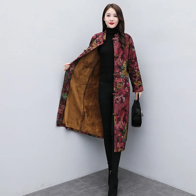 2021 Fall Winter New Fashion Ethnic Wind Disc Buckle Cotton-Padded Jacket Wwomen's Mid-Length Plus Velvet Thick Windbreaker Coat