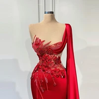 gorgeous flower prom dresses arabic style one shoulder satin train mini length beaded crystals evening gowns