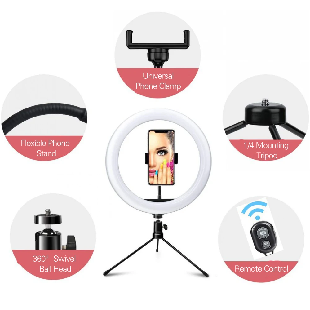 Светодиодный кольцевой светильник 2900-6500K со штативом и держателем для телефона |