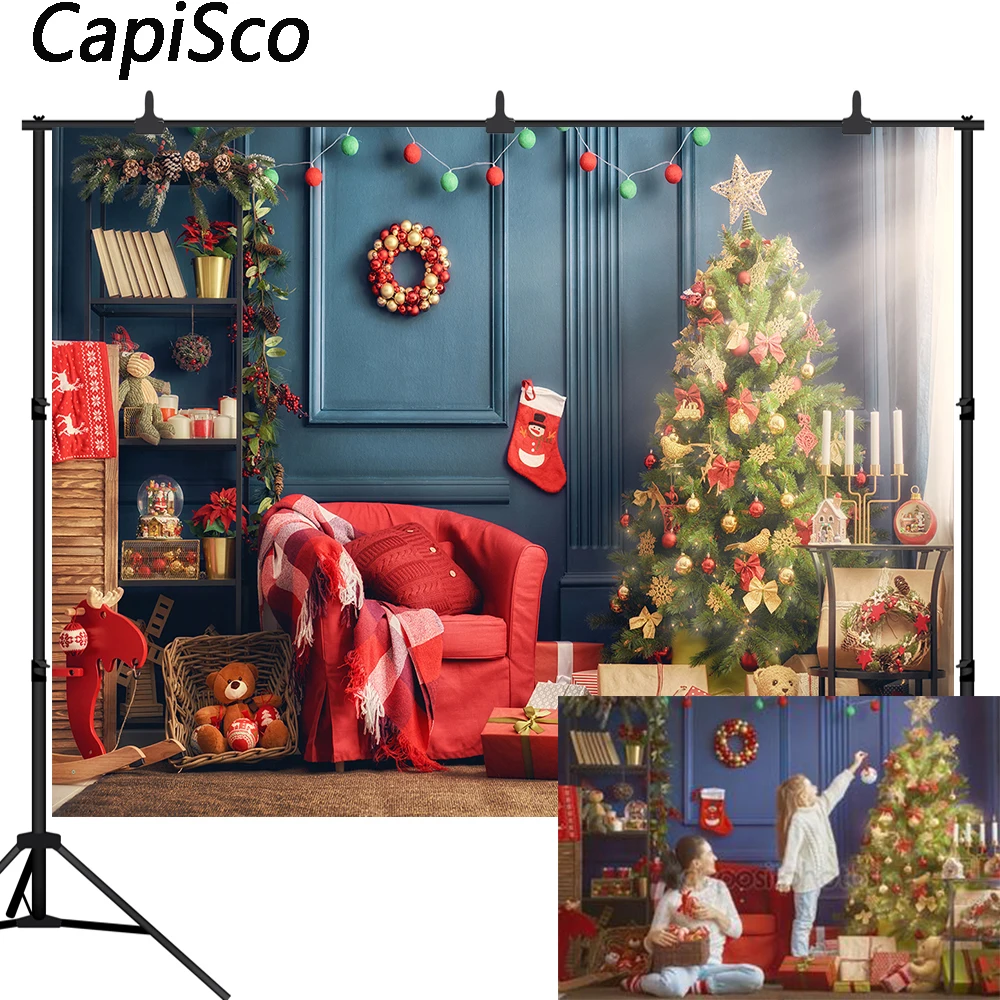 Рождественский фон Capisco синяя стена фотография рождественской елки подарок