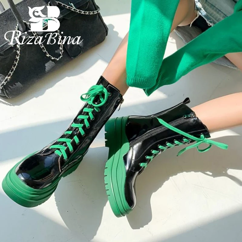 

RIZABINA Size 33-41 Genuine Leather Ankle Boots Shoes Paltform Lace Up Mixed Color Cool Street Party Winter Ladies Footwear