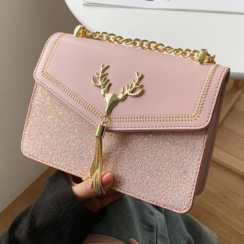 

Metal Chain Crossbody Bags for Women Small Flap Shoulder Bag Luxury Leather Messenger Bag 2021 Female Bling Bling Handbags Sac