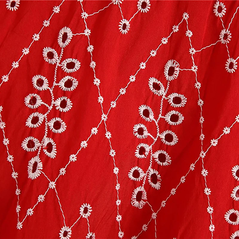 

chic lady streetwear fashion hollow out red blouse summer geometric embroidery v-neck puff sleeve ruffles tops shirt femme