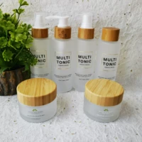 5pcs samples empty clear frosted glass cream jar with bamboo lid wooden shell bottle for toner lotion cosmetic packaging
