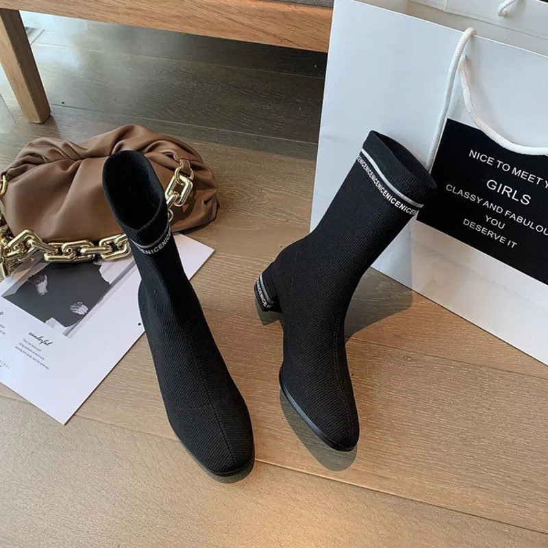 

Ladies Ankle Boots Women Diamond-studded Knitted Fabric Breathable Short Boots Lady Elegant Fashion All-match Party Boots