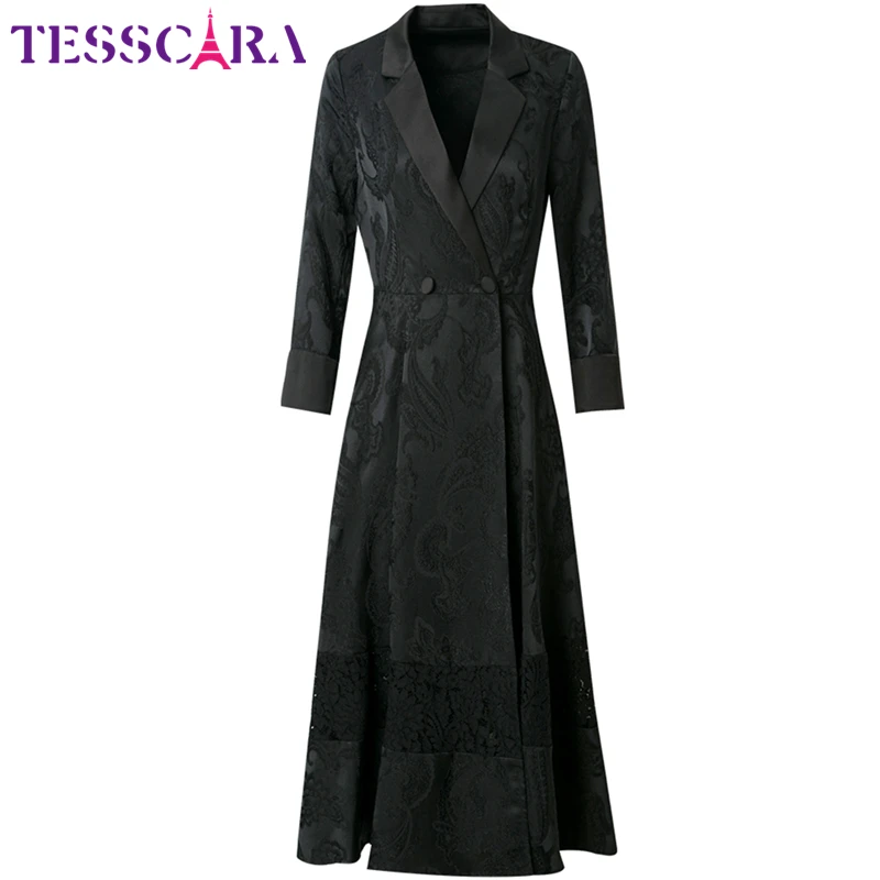 TESSCARA Для женщин; сезон осень; люксовый бренд жаккардовая Блейзер Женский винтажные офисные вечерние халат Высокое качество дизайнерский Длинный плащ Vestidos