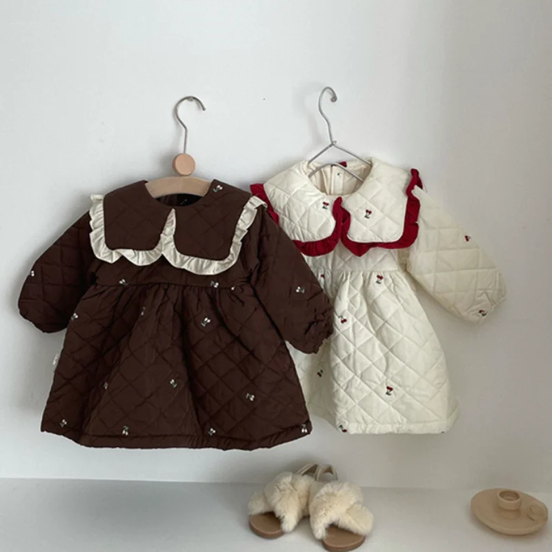 

Платье для девочек; Зима 2021 года; Утолщенное платье с воротничком для куклы в стиле ретро; Платье принцессы