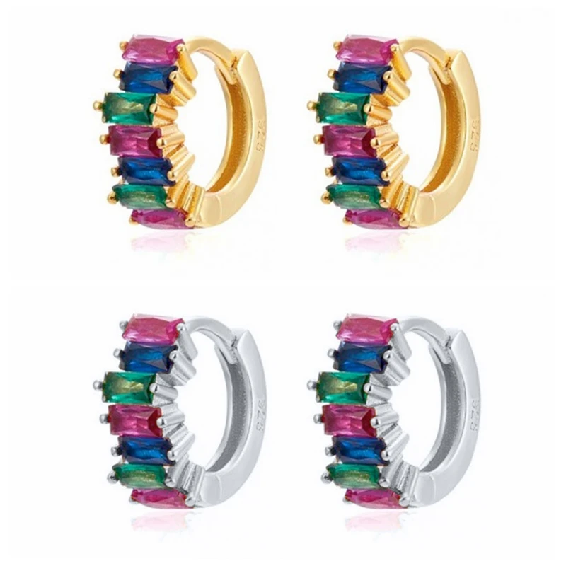 

Aide 925 Sterling Silver 9mm Korean Jewelry Sparkling Rainbow CZ Huggies Hoops Earring For Girls Lover Pendientes Woman Earring